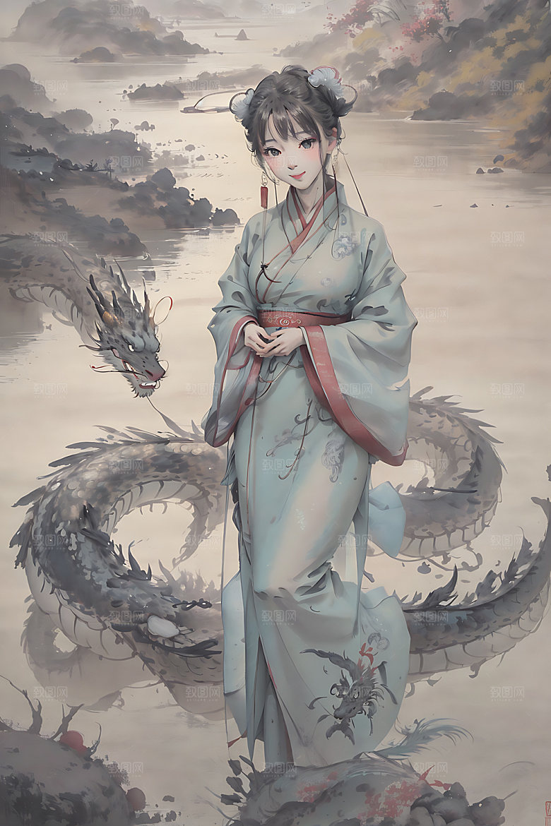 龙和女孩宣纸水墨插画