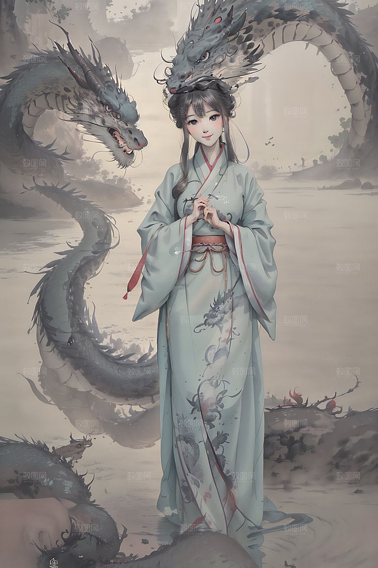 龙和女孩国画生肖插画