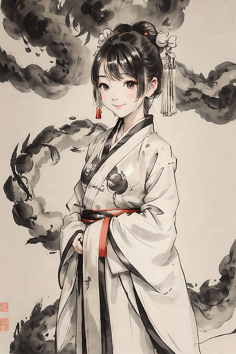 龙和女孩唯美中式插画