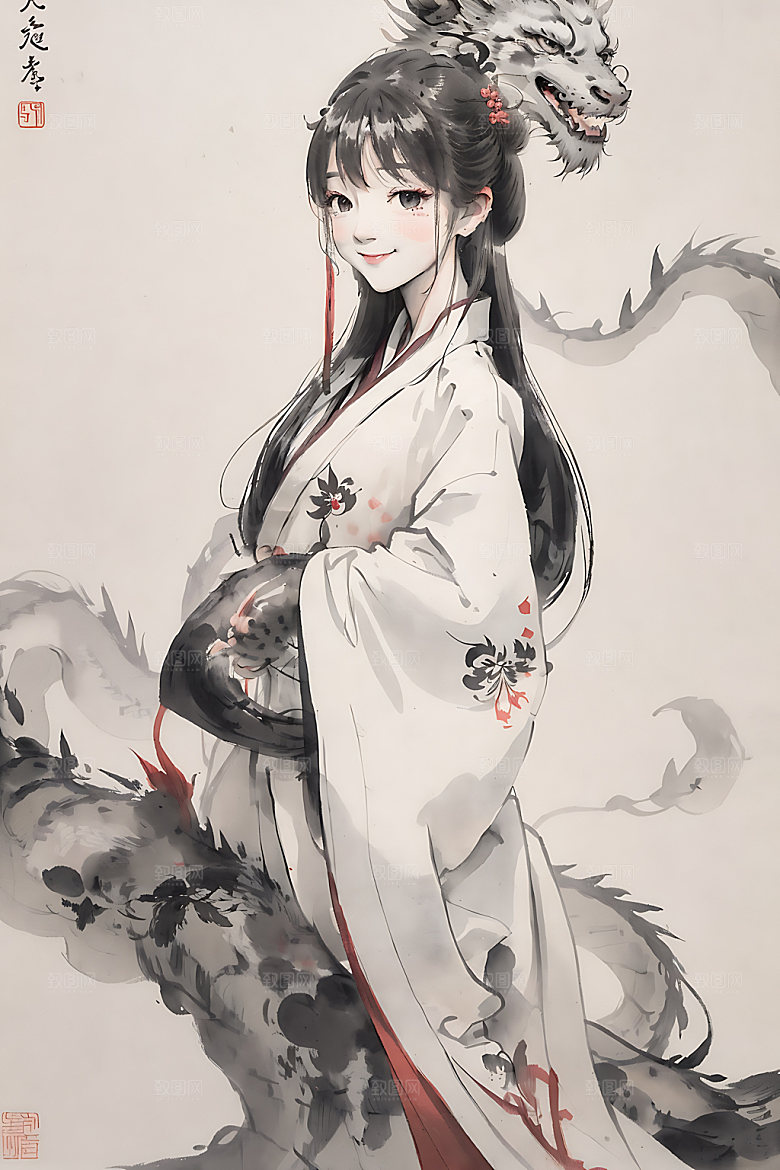 龙和女孩汉服唯美插画