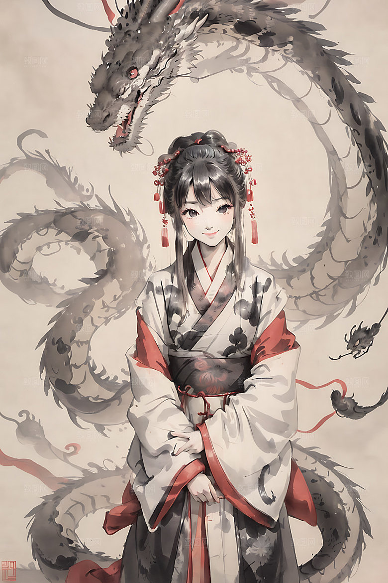 龙和女孩传统宣纸插画