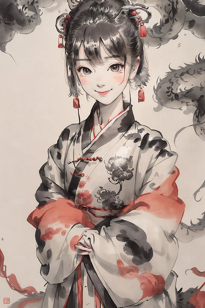 龙和女孩龙年汉服插画