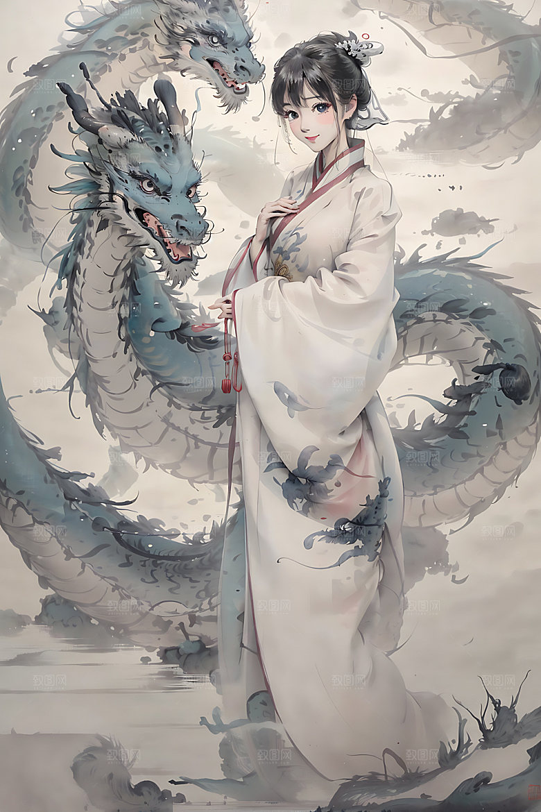 龙和女孩工笔画汉服插画
