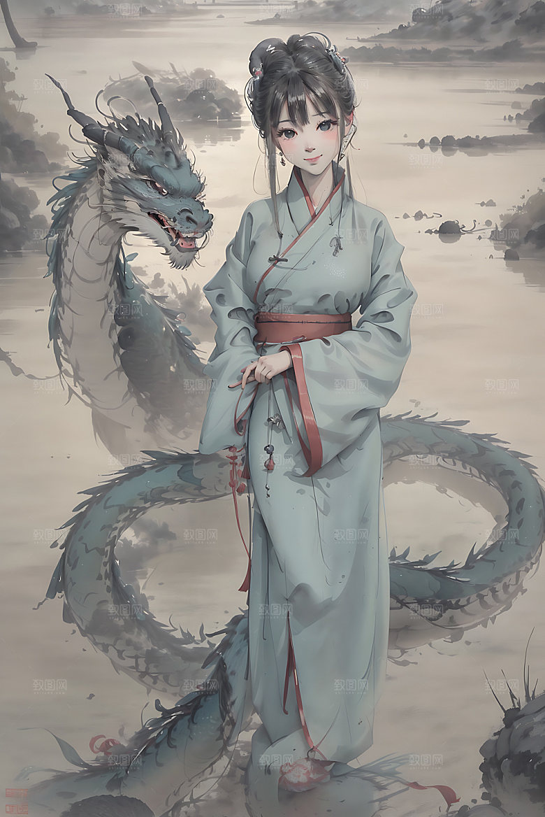 龙和女孩国画水墨插画