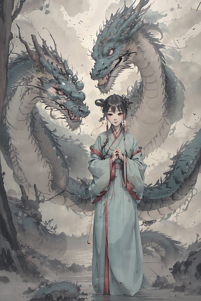 龙和女孩宣纸龙年插画