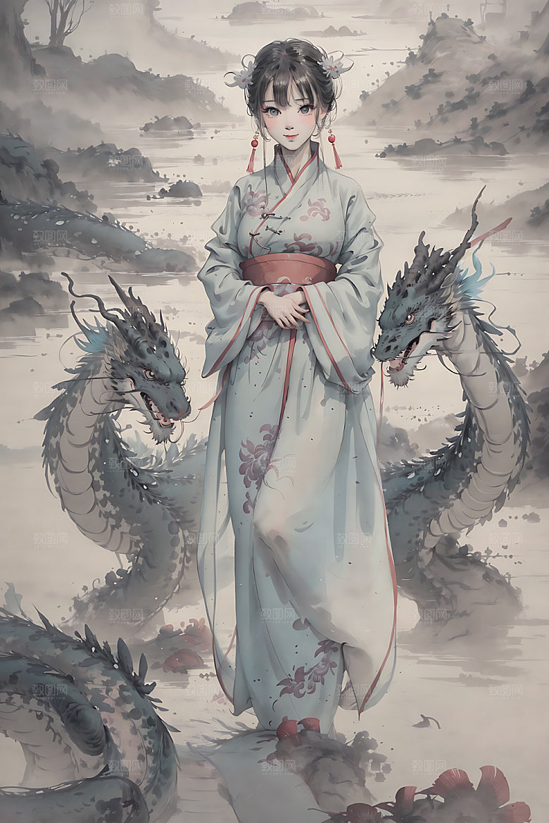 龙和女孩宣纸唯美插画