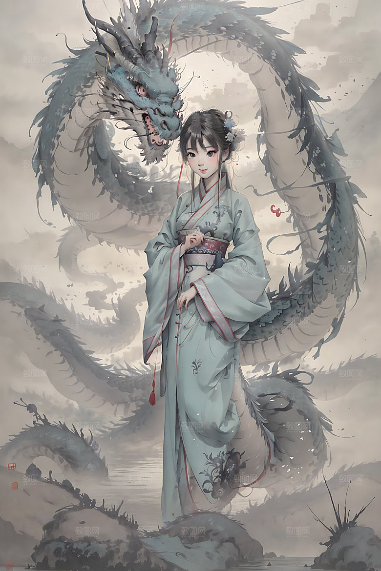 龙和女孩中式唯美插画