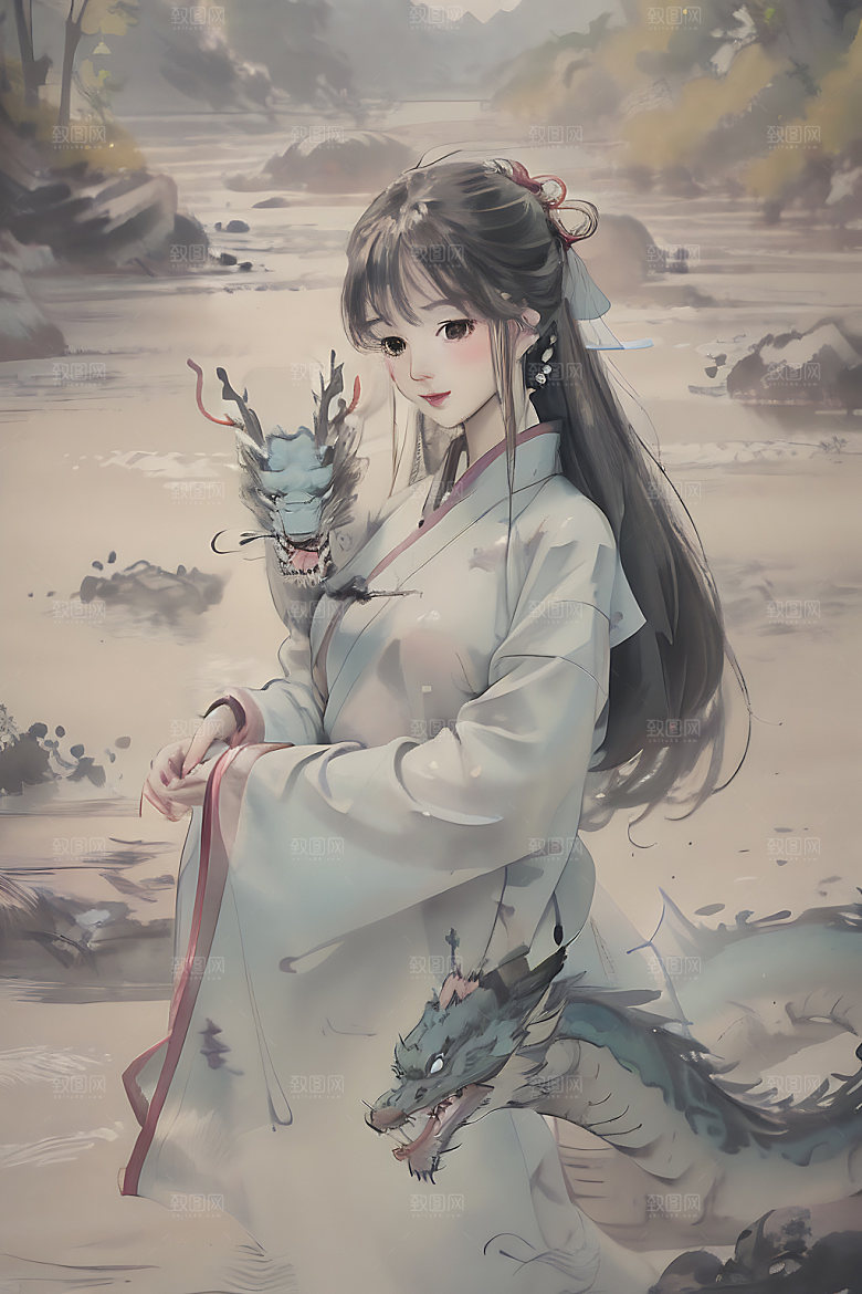 龙和女孩汉服龙年插画