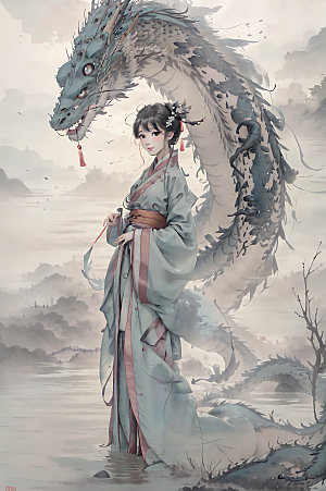 龙和女孩中式国画插画
