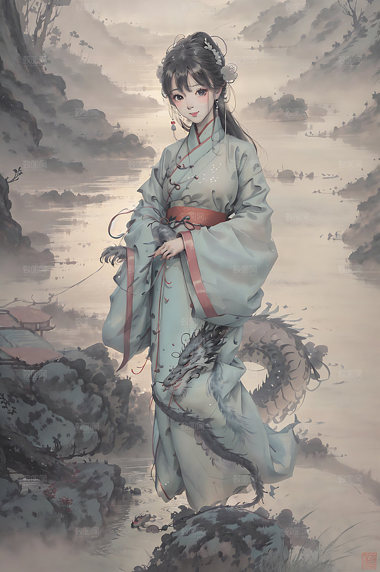 龙和女孩汉服传统插画
