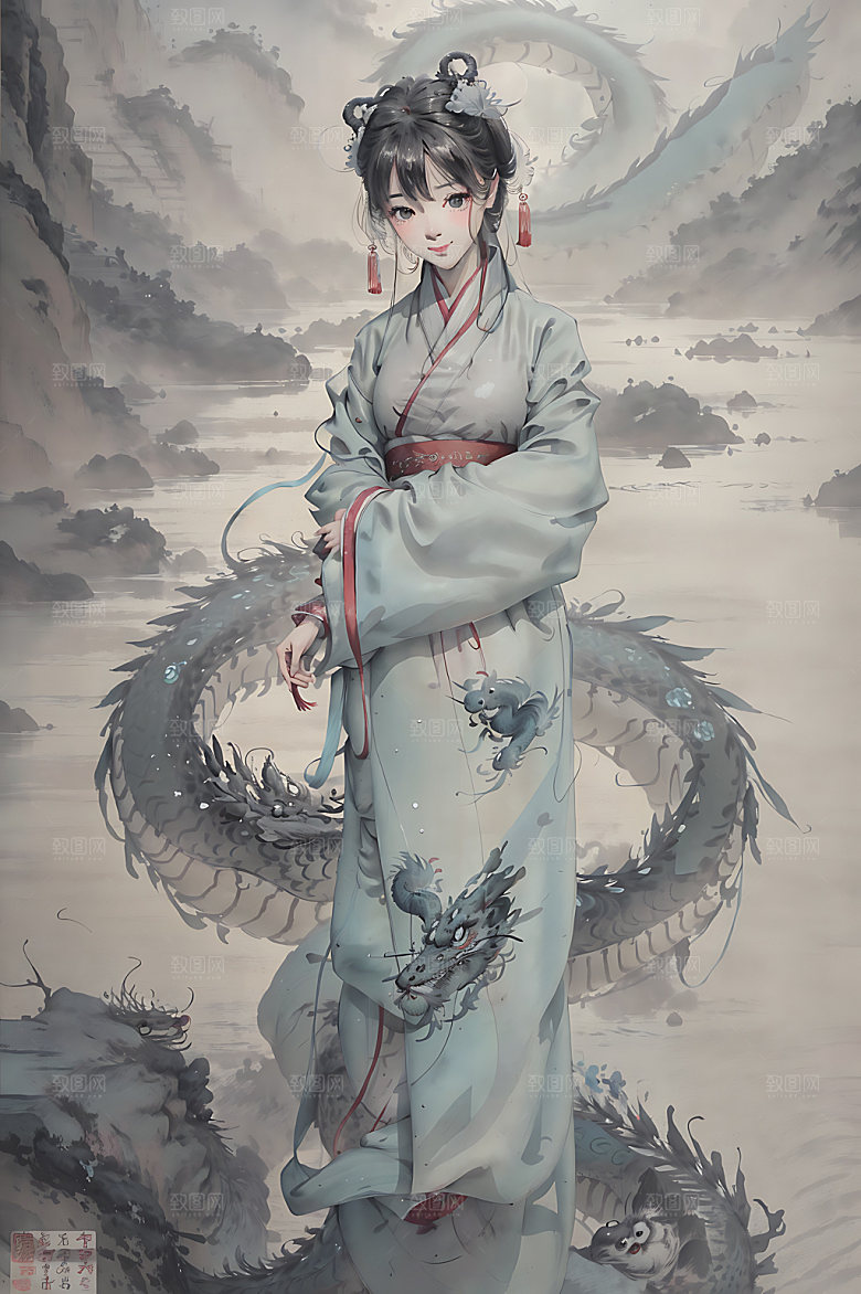 龙和女孩宣纸国画插画