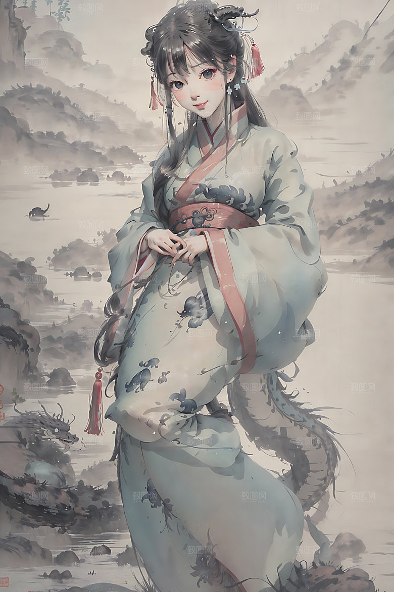 龙和女孩生肖中式插画
