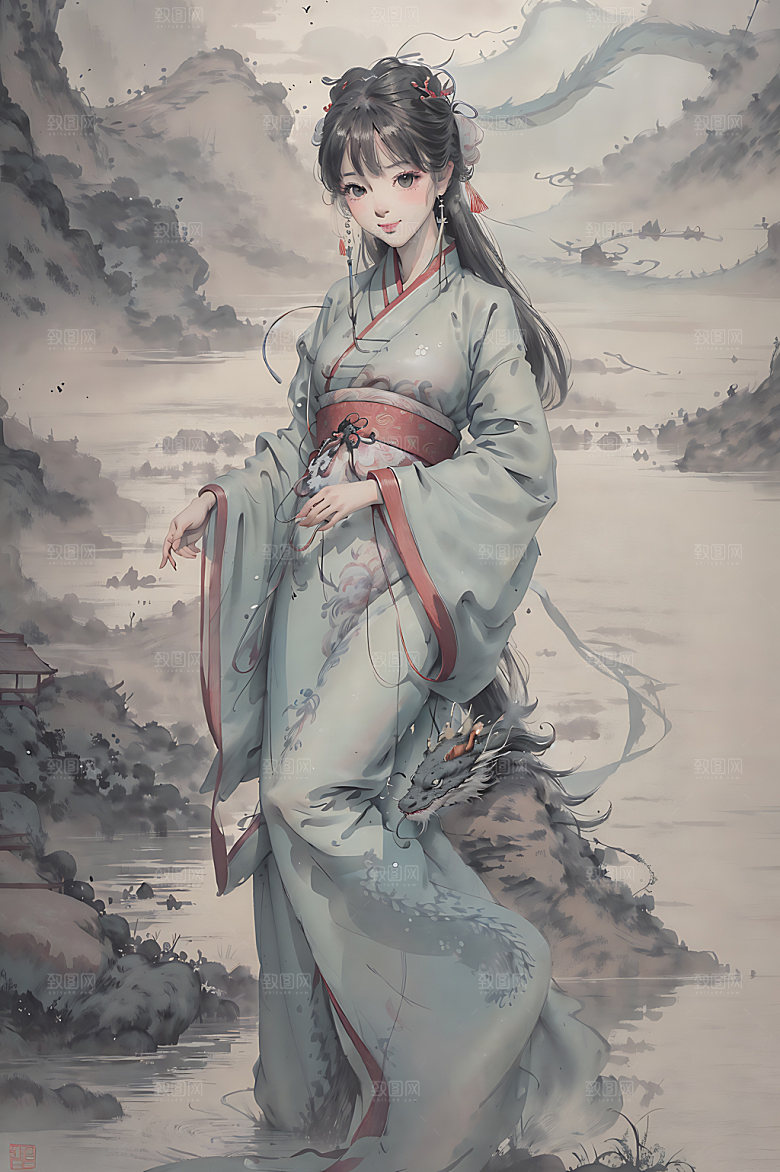 龙和女孩汉服龙年插画