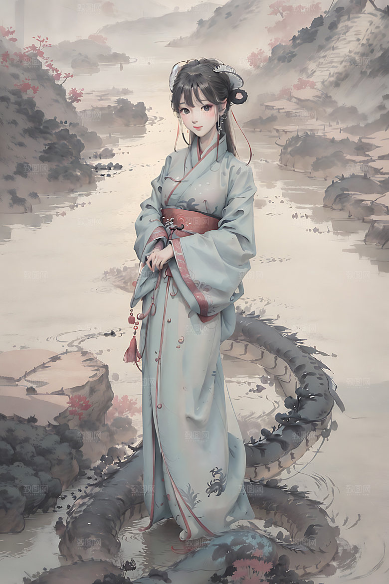 龙和女孩宣纸中式插画