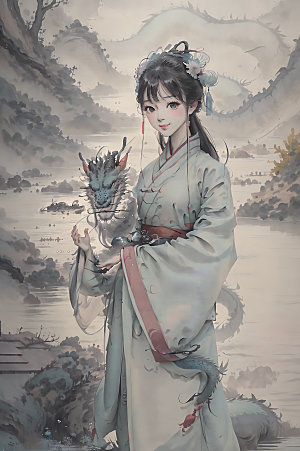龙和女孩中式汉服插画
