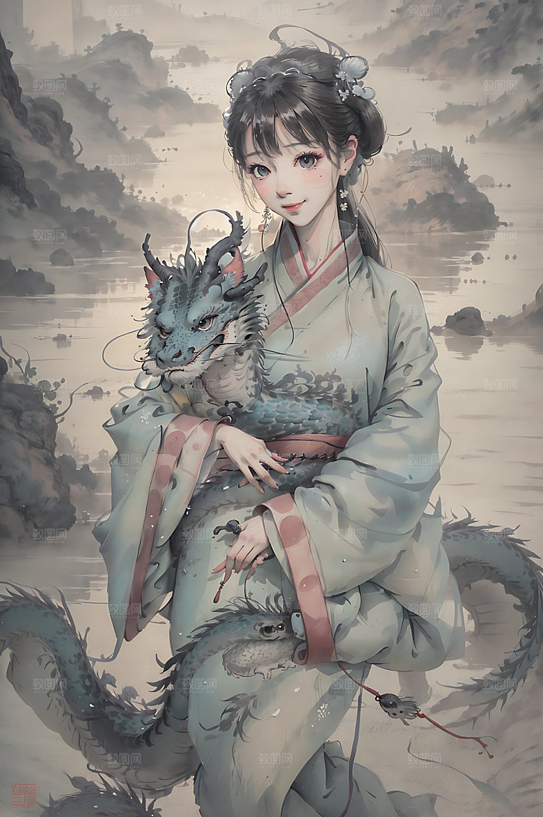 龙和女孩生肖龙年插画