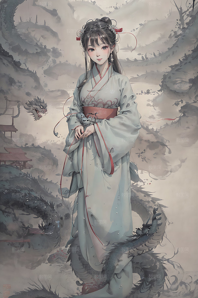 龙和女孩生肖水墨插画