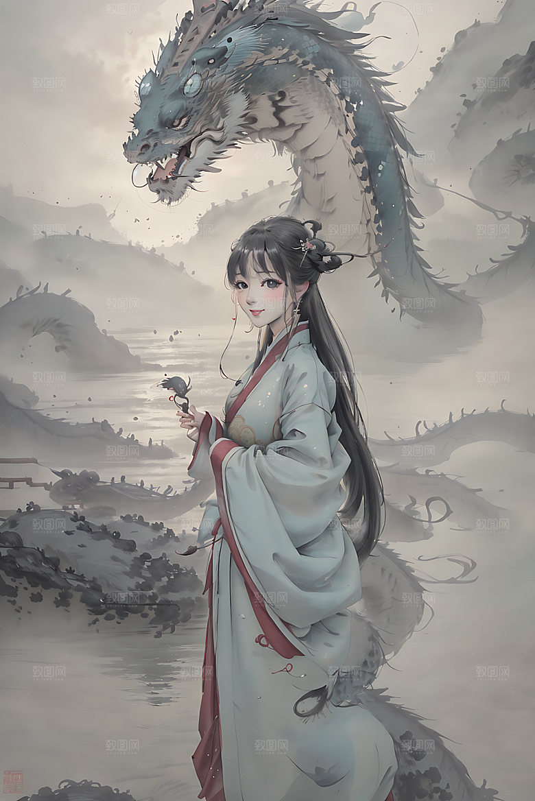 龙和女孩中国风宣纸插画