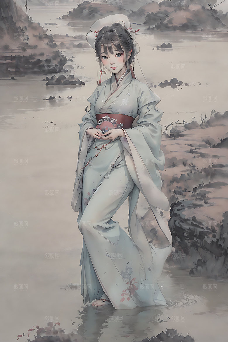 龙和女孩水墨唯美插画
