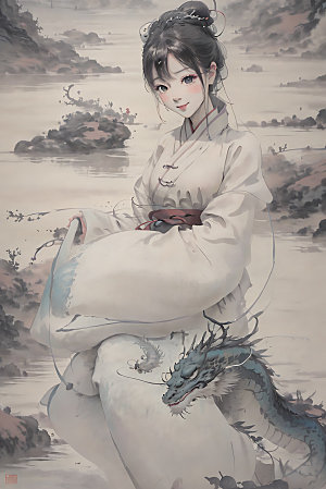 龙和女孩中式水墨插画