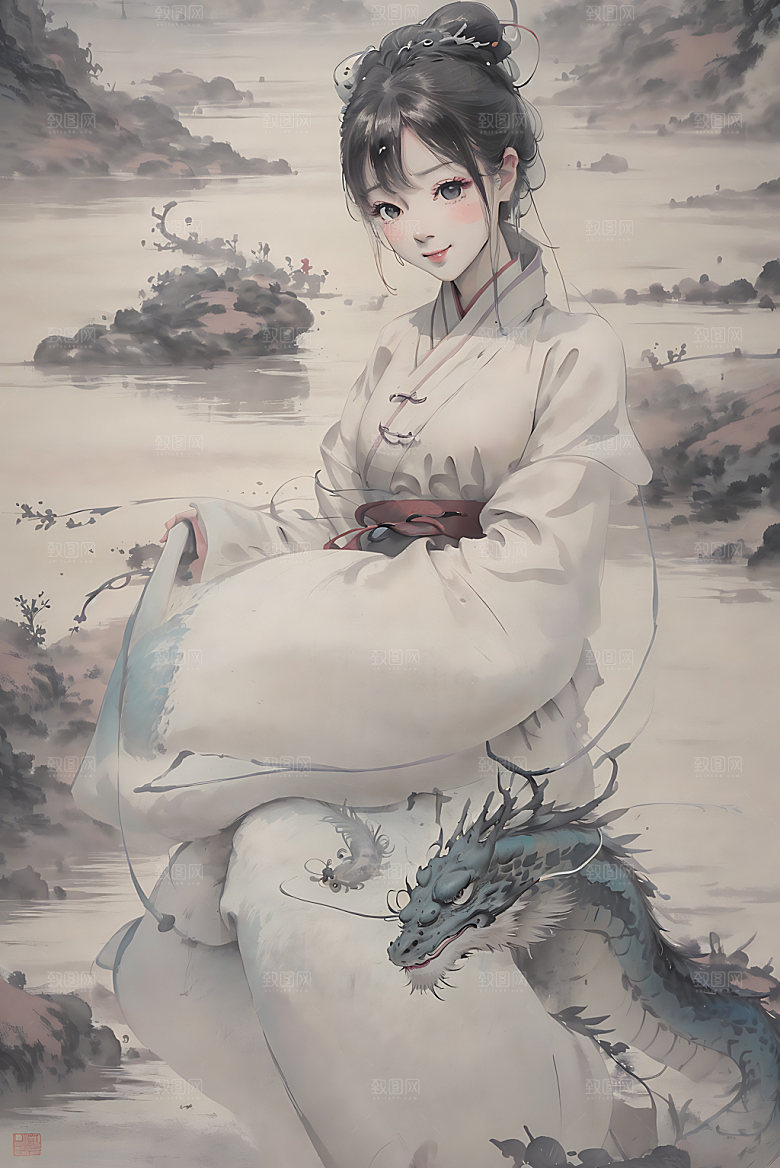 龙和女孩中式水墨插画