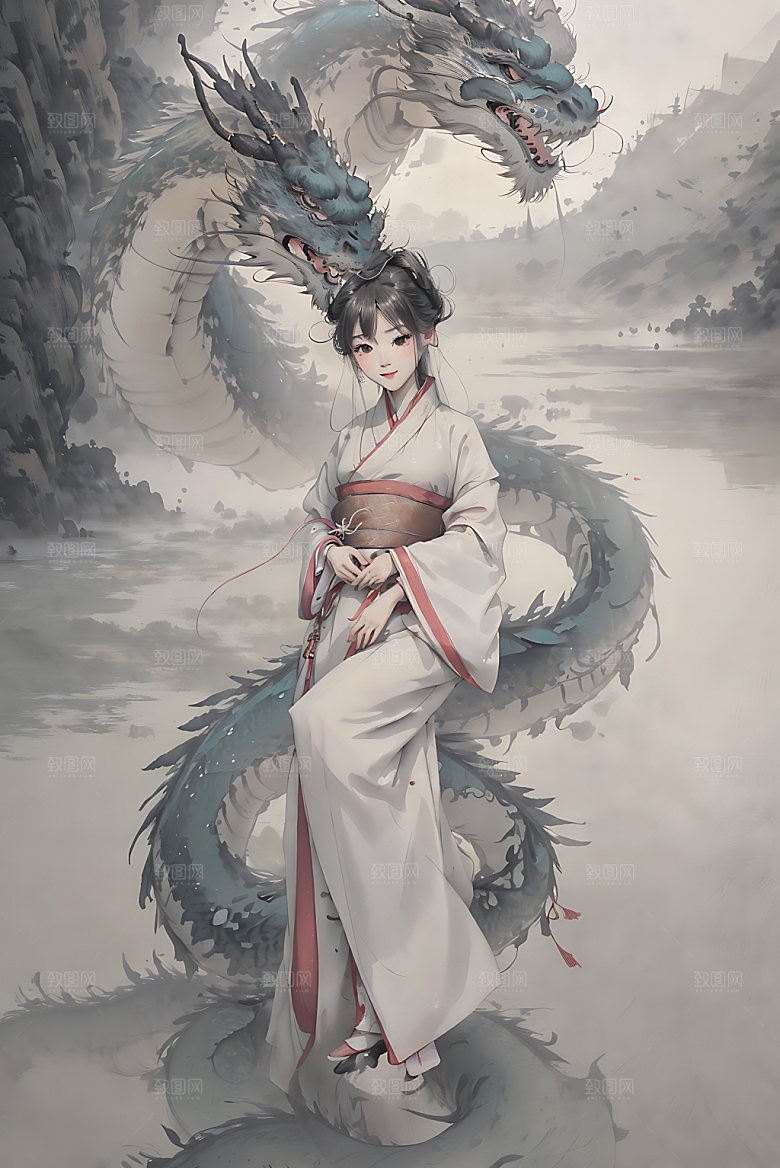 龙和女孩中国风宣纸插画