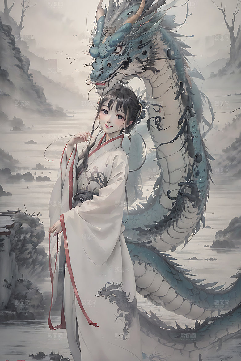 龙和女孩宣纸唯美插画