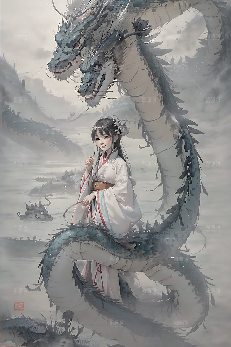 龙和女孩汉服唯美插画