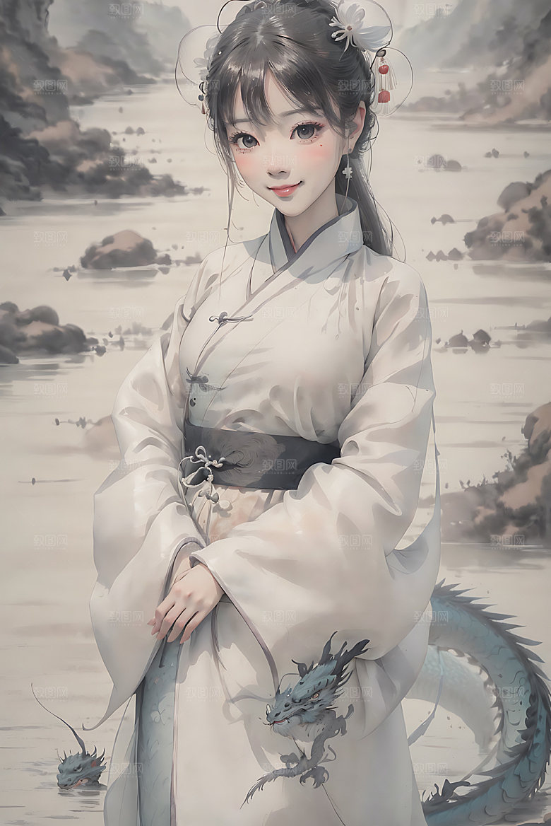 龙和女孩唯美龙年插画