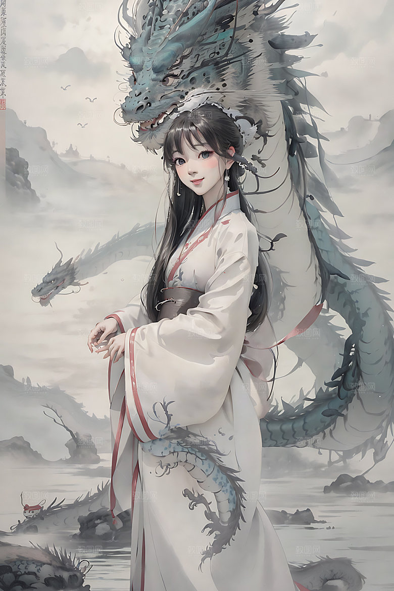 龙和女孩龙年水墨插画