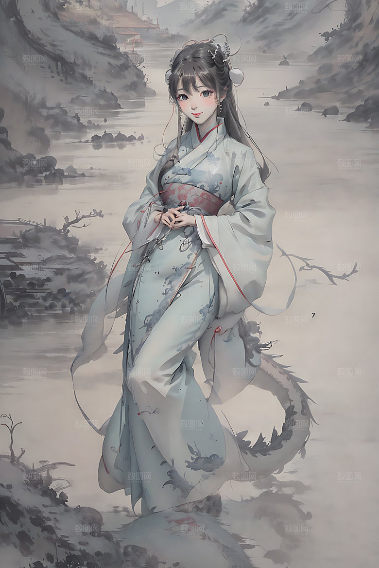 龙和女孩唯美中式插画