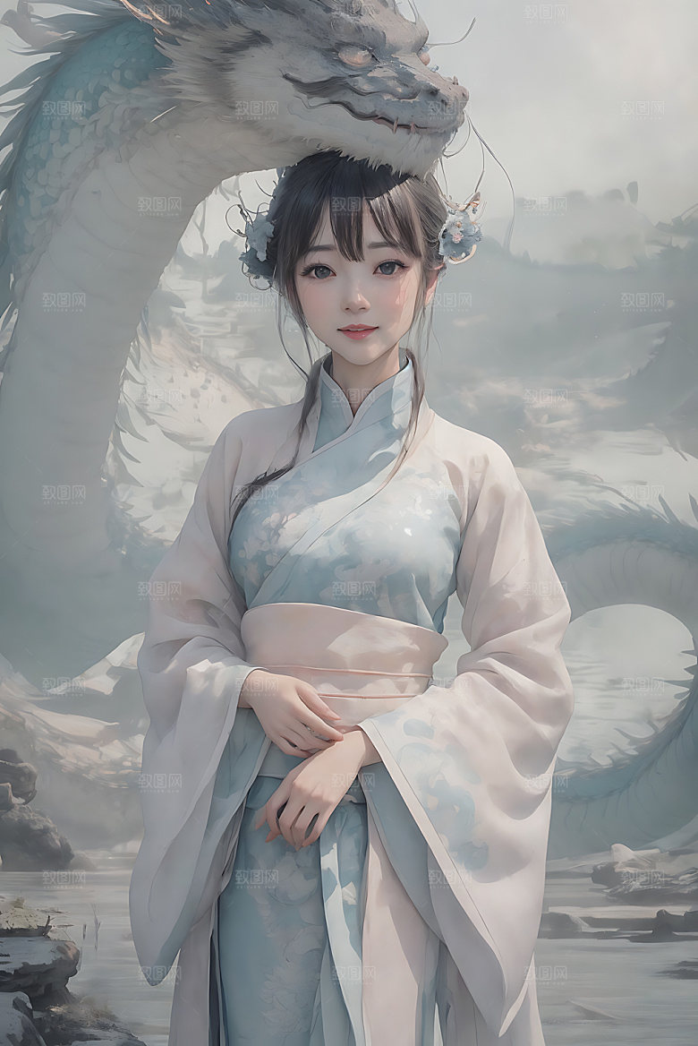 龙和女孩中式传统插画