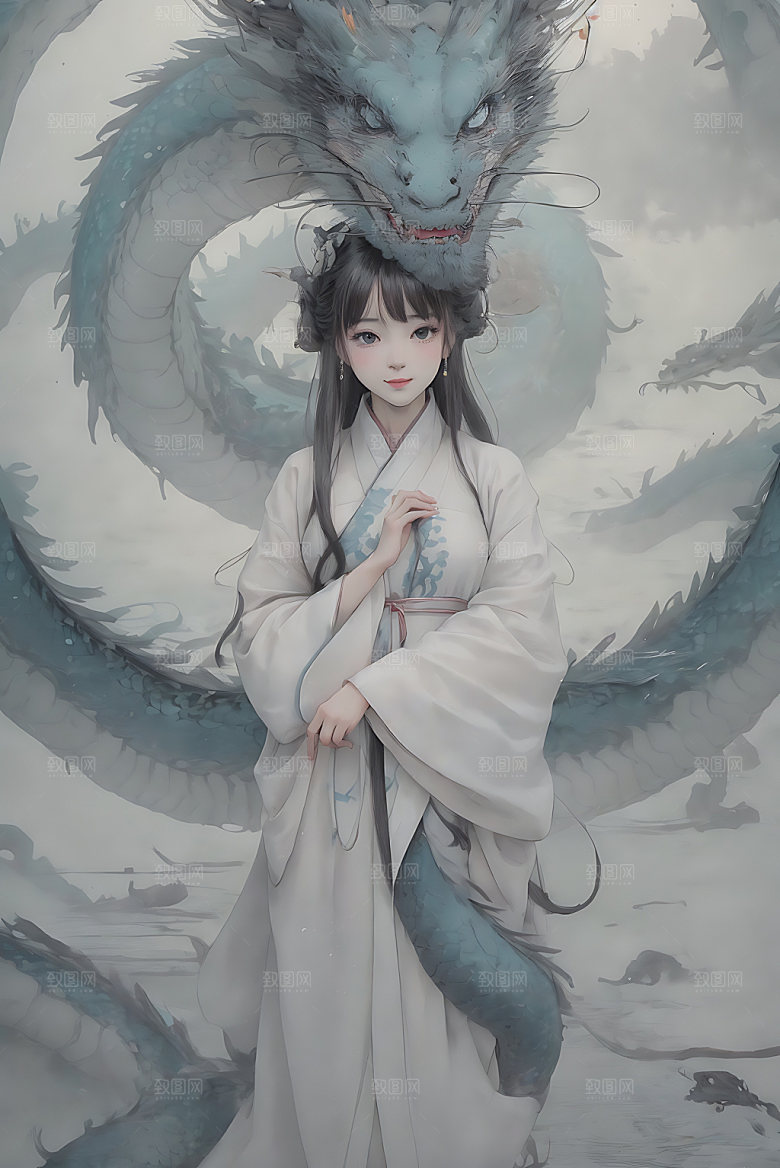 龙和女孩水墨唯美插画