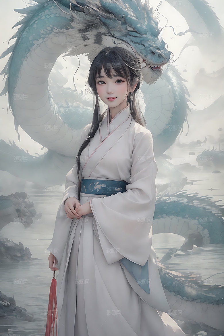 龙和女孩唯美宣纸插画