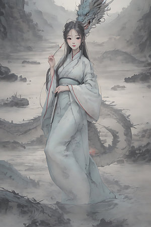龙和女孩传统中式插画