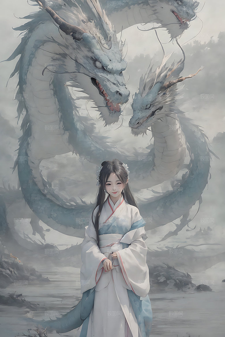 龙和女孩龙年国画插画