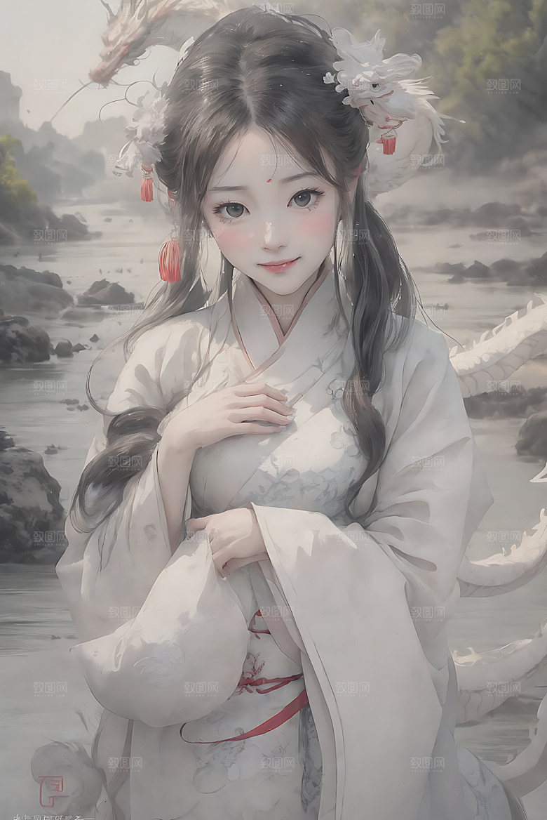 龙和女孩龙年传统插画