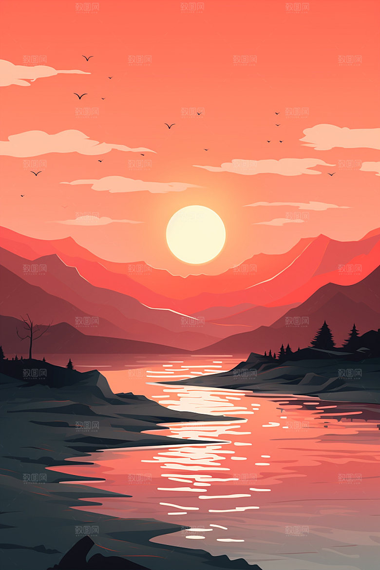 落日晚霞温馨插画