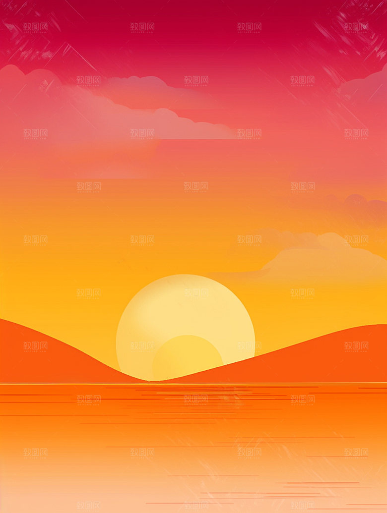 落日暮年夕阳插画