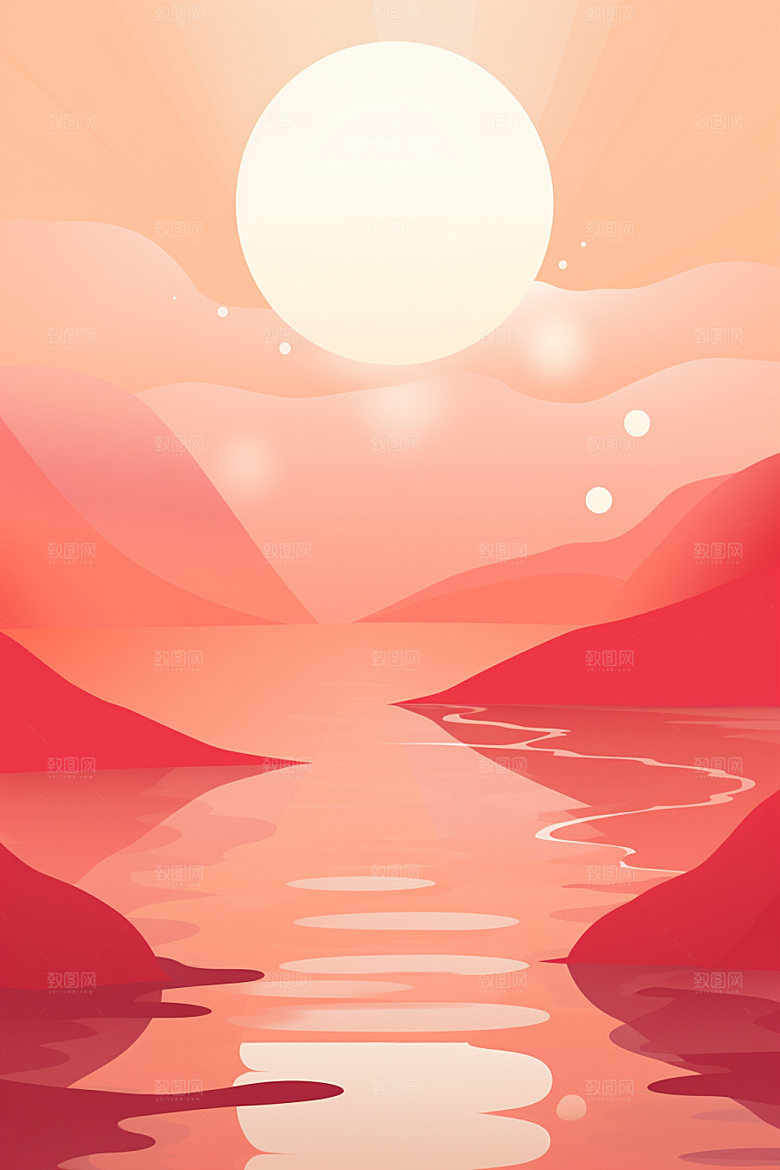 落日夕阳晚霞插画