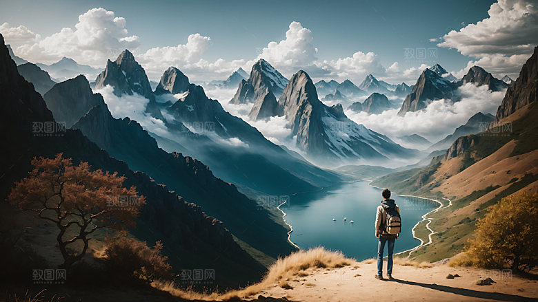 独自旅行背影自然摄影图