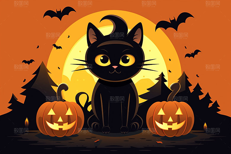 万圣节小恶魔动物黑猫插画
