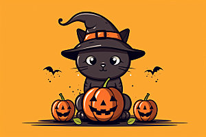 万圣节女巫可爱黑猫插画