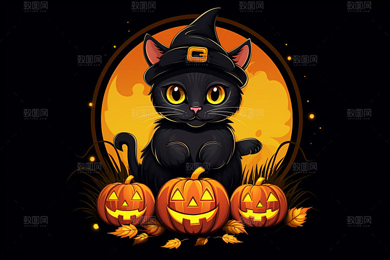 万圣节小恶魔女巫黑猫插画