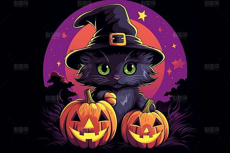 万圣节卡通趣味黑猫插画