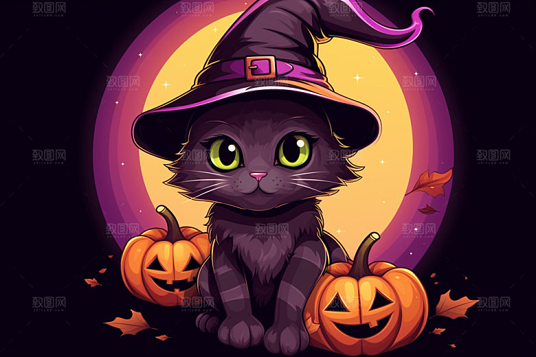 万圣节女巫可爱黑猫插画