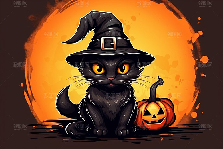 万圣节小恶魔可爱黑猫插画