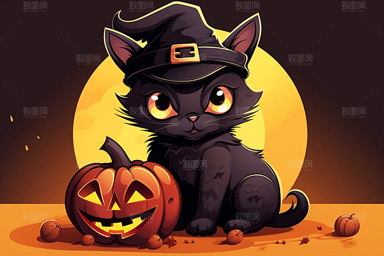 万圣节女巫卡通黑猫插画