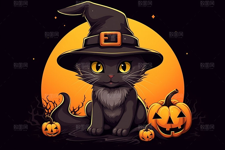 万圣节小恶魔卡通黑猫插画