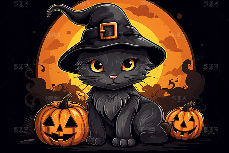万圣节动物卡通黑猫插画